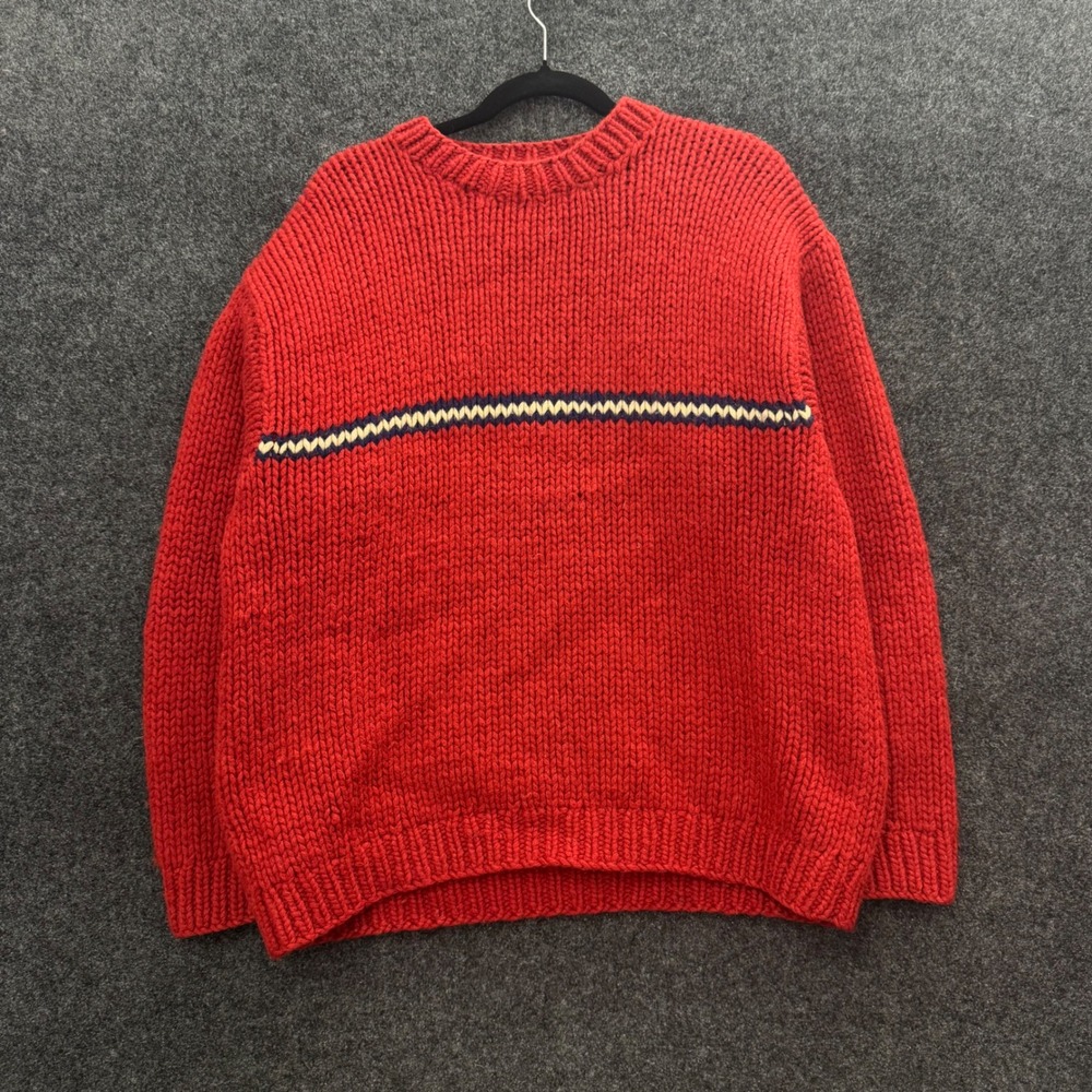 Vintage 90s J Crew Red Wool Chunky Knit Striped Crewneck Sweater Mens Large